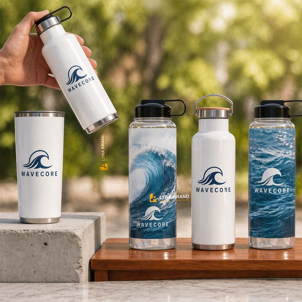 Custom branded water bottles and tumblers with company logo for promotional gifts and corporate giveaways in Dubai UAE