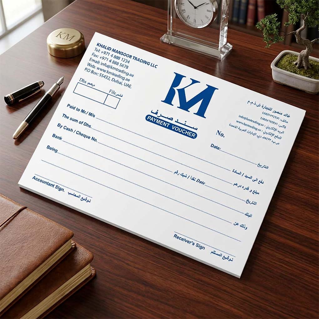 Custom company payment voucher printing with logo, payment details and signature fields in Dubai UAE