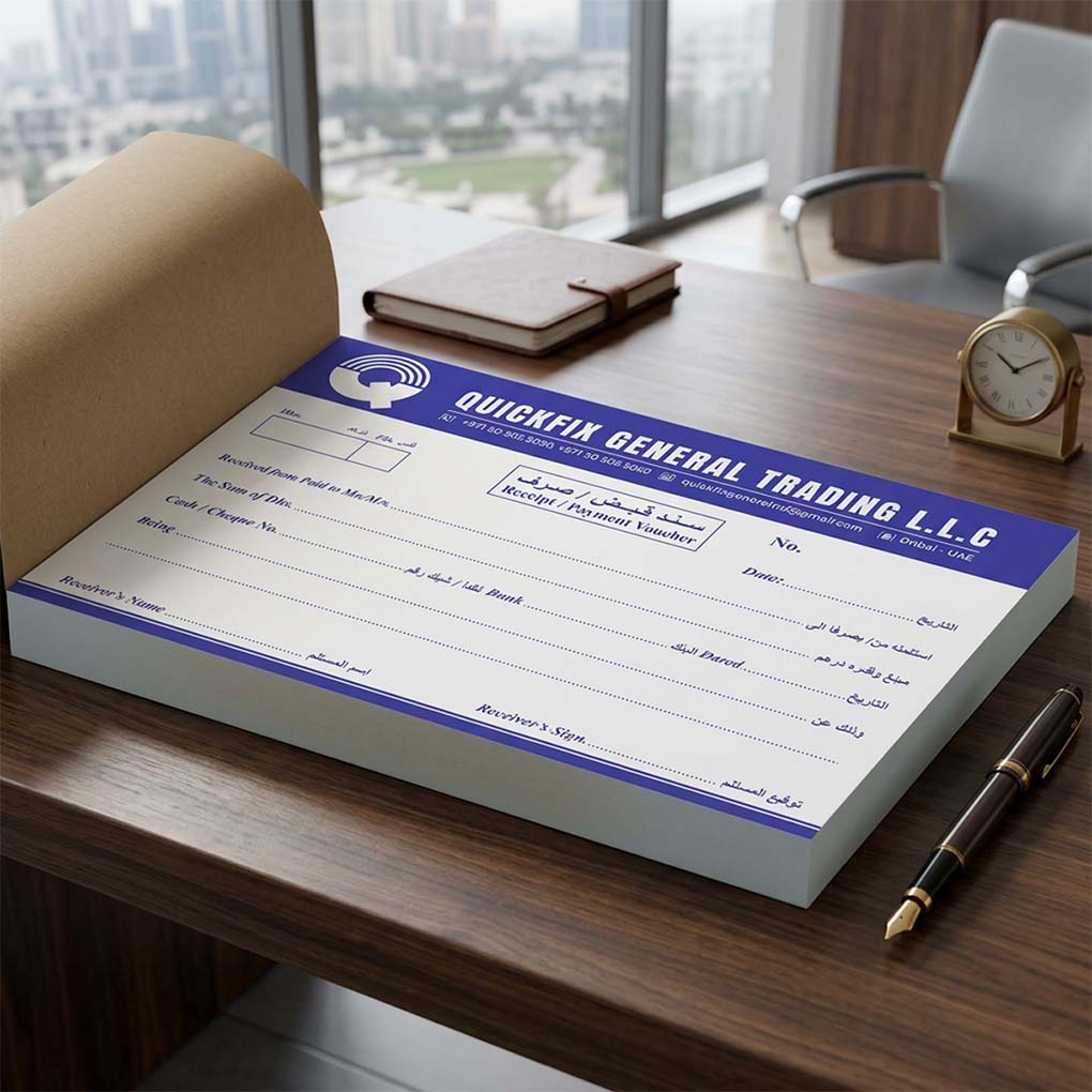 Custom company payment voucher printing with branded business details and Arabic English fields in Dubai UAE