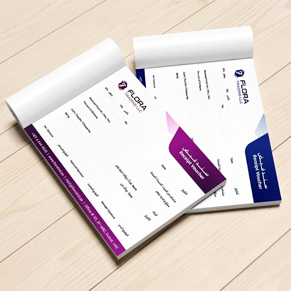 Custom receipt voucher pad printing with branded company logo and bilingual Arabic English layout in Dubai UAE