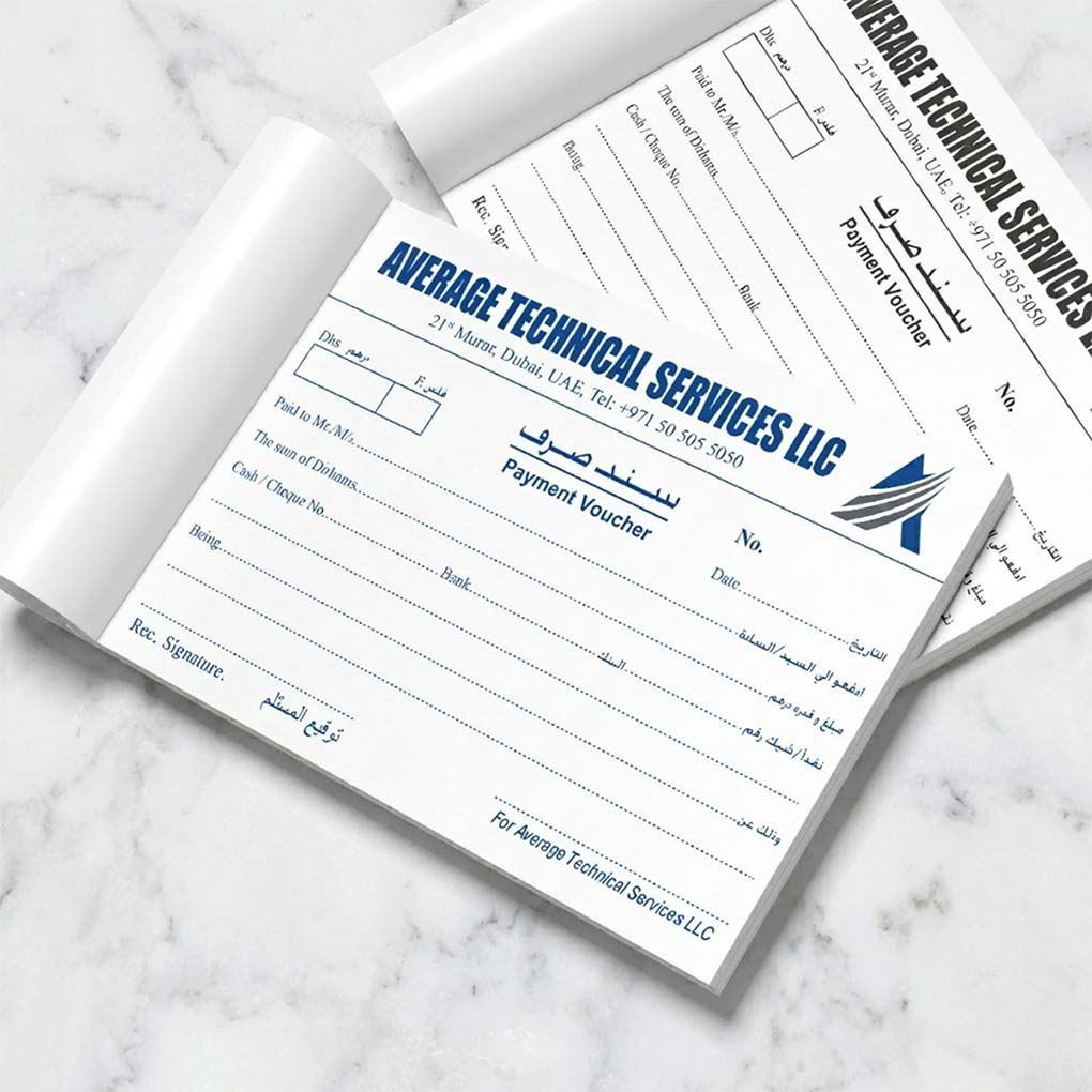 Professional payment voucher pad printing with custom company logo and bilingual Arabic English design in Dubai