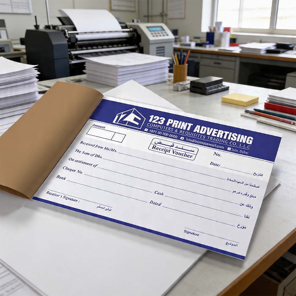 Custom receipt voucher book printing with company branding, Arabic English fields and business details in Dubai UAE