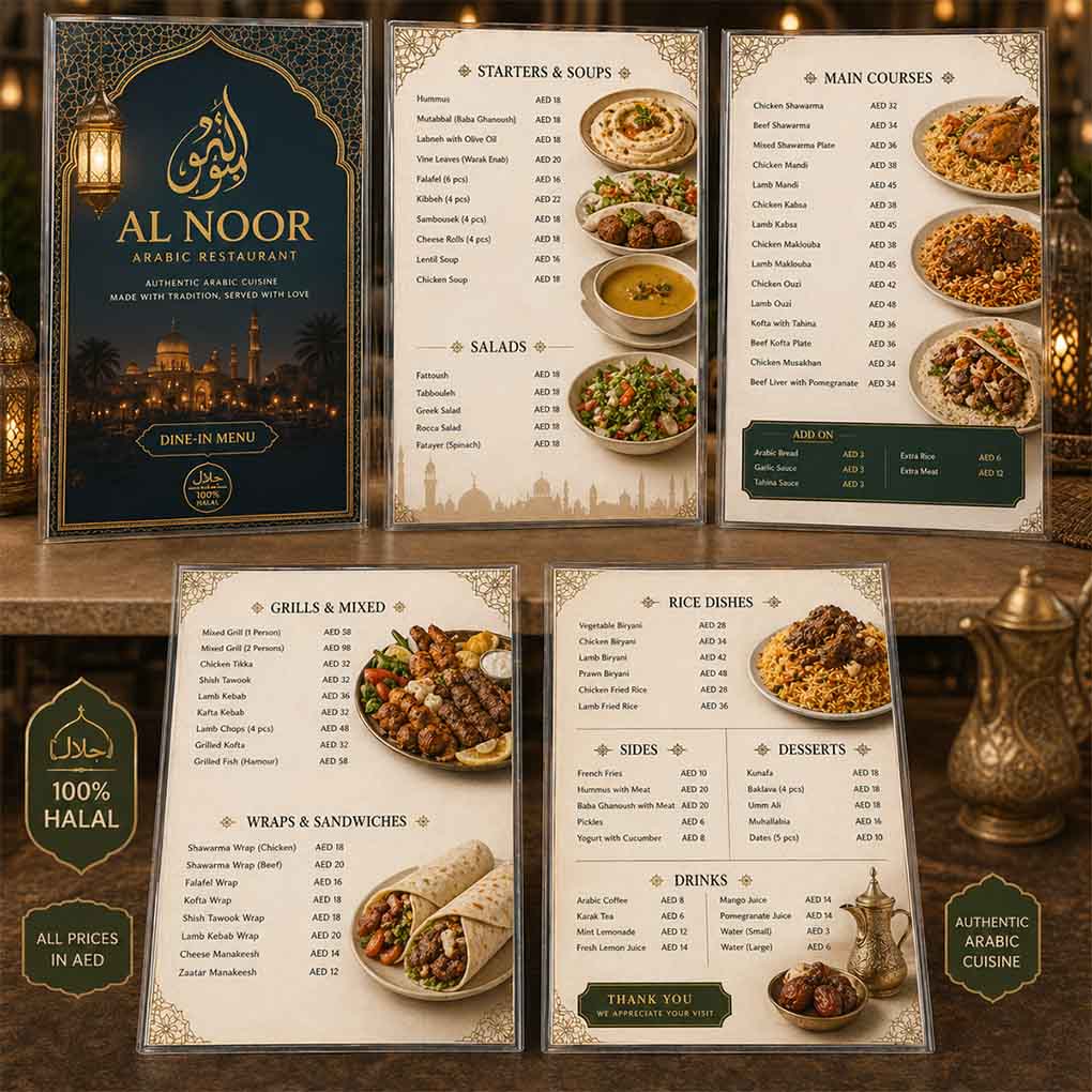Custom Arabic restaurant menu printing with halal food photos, menu categories and AED prices in Dubai UAE