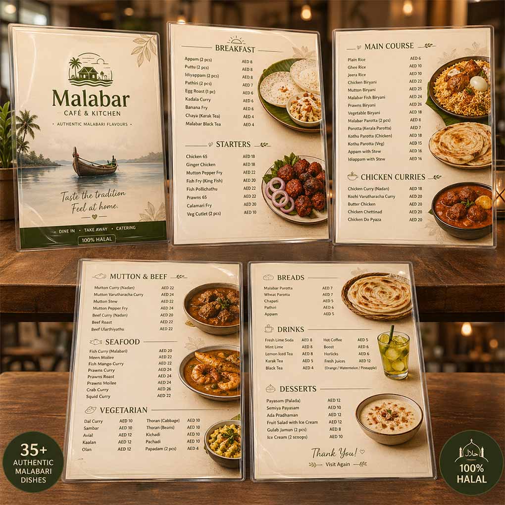 Custom cafe and restaurant menu card printing with food photos, categories and AED prices in Dubai UAE