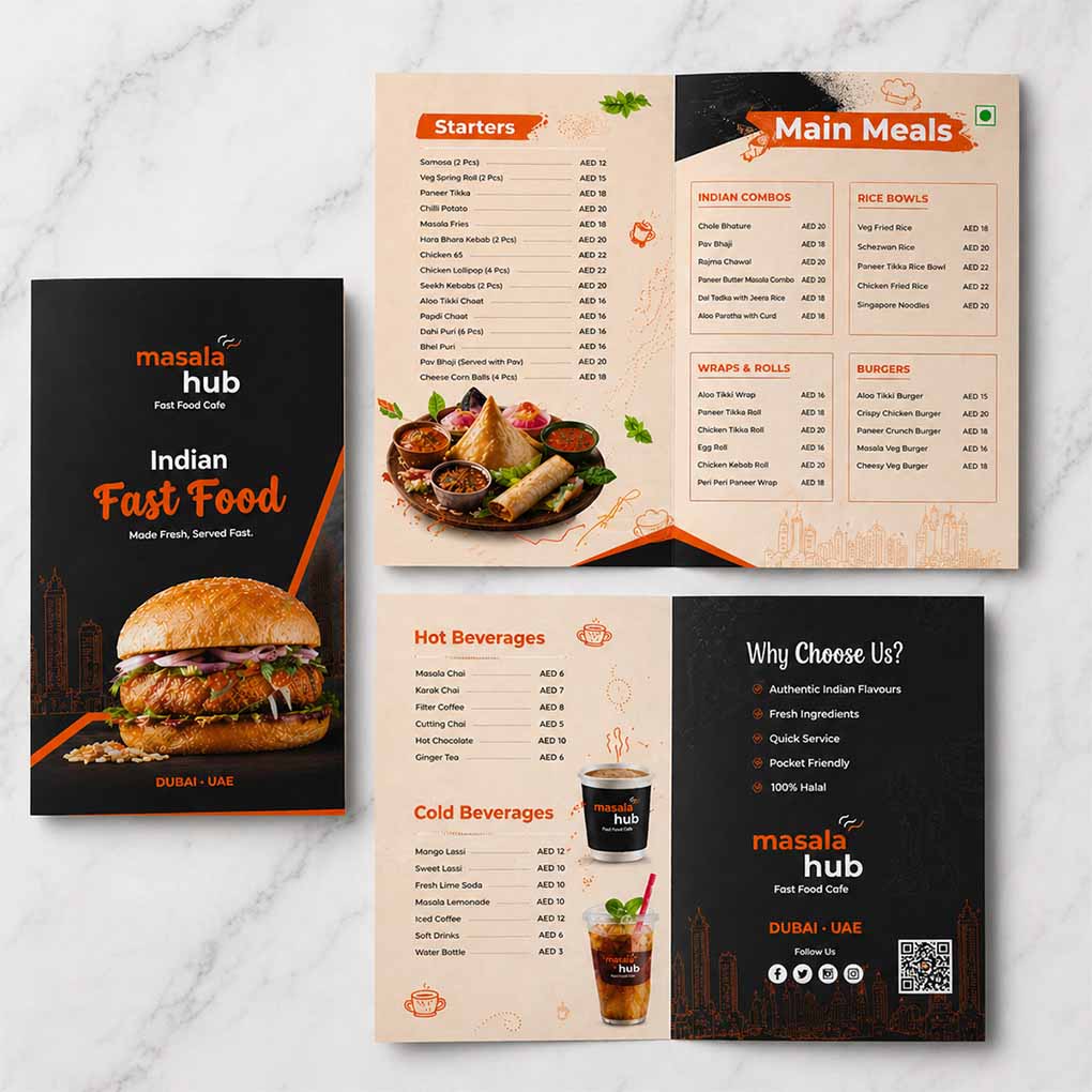 Custom fast food menu brochure printing with folded menu design, food photos, prices and QR code in Dubai UAE