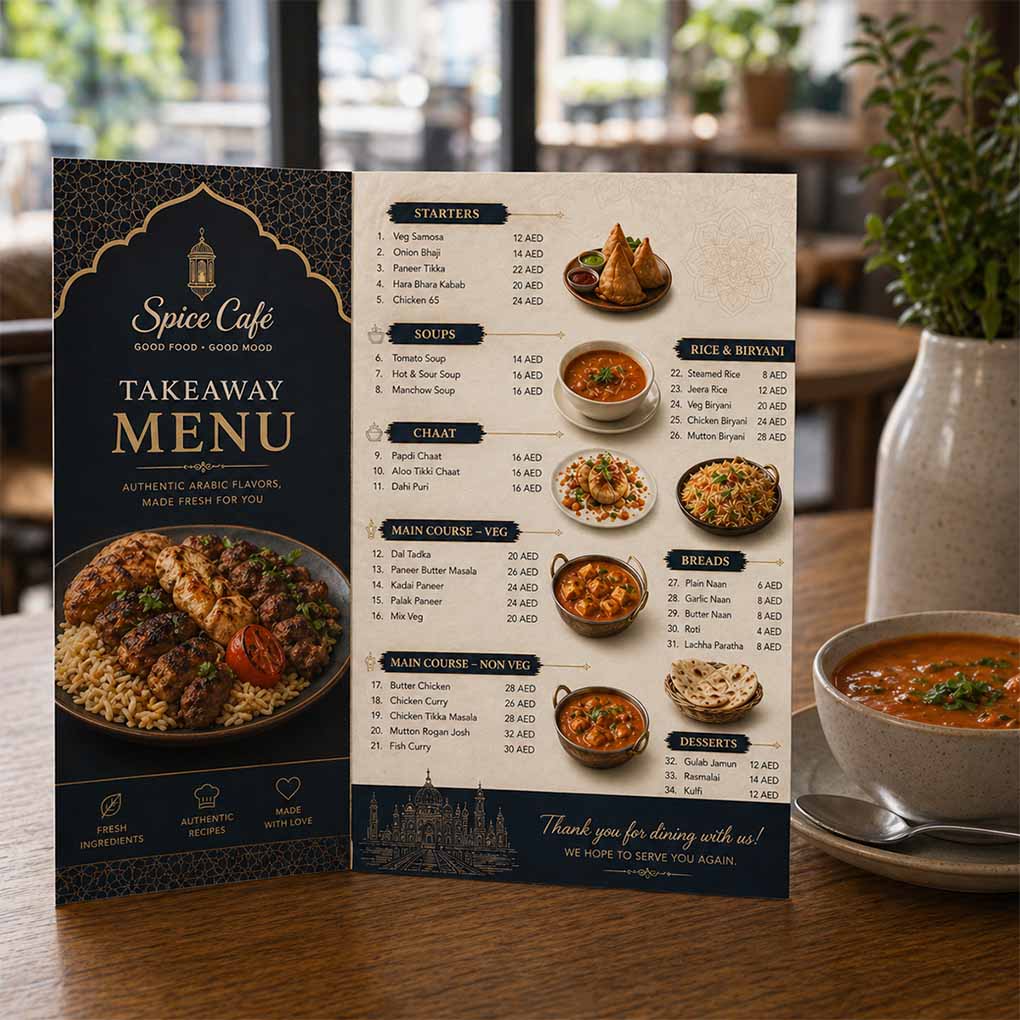 Custom takeaway restaurant menu printing with food photos and price list in Dubai UAE