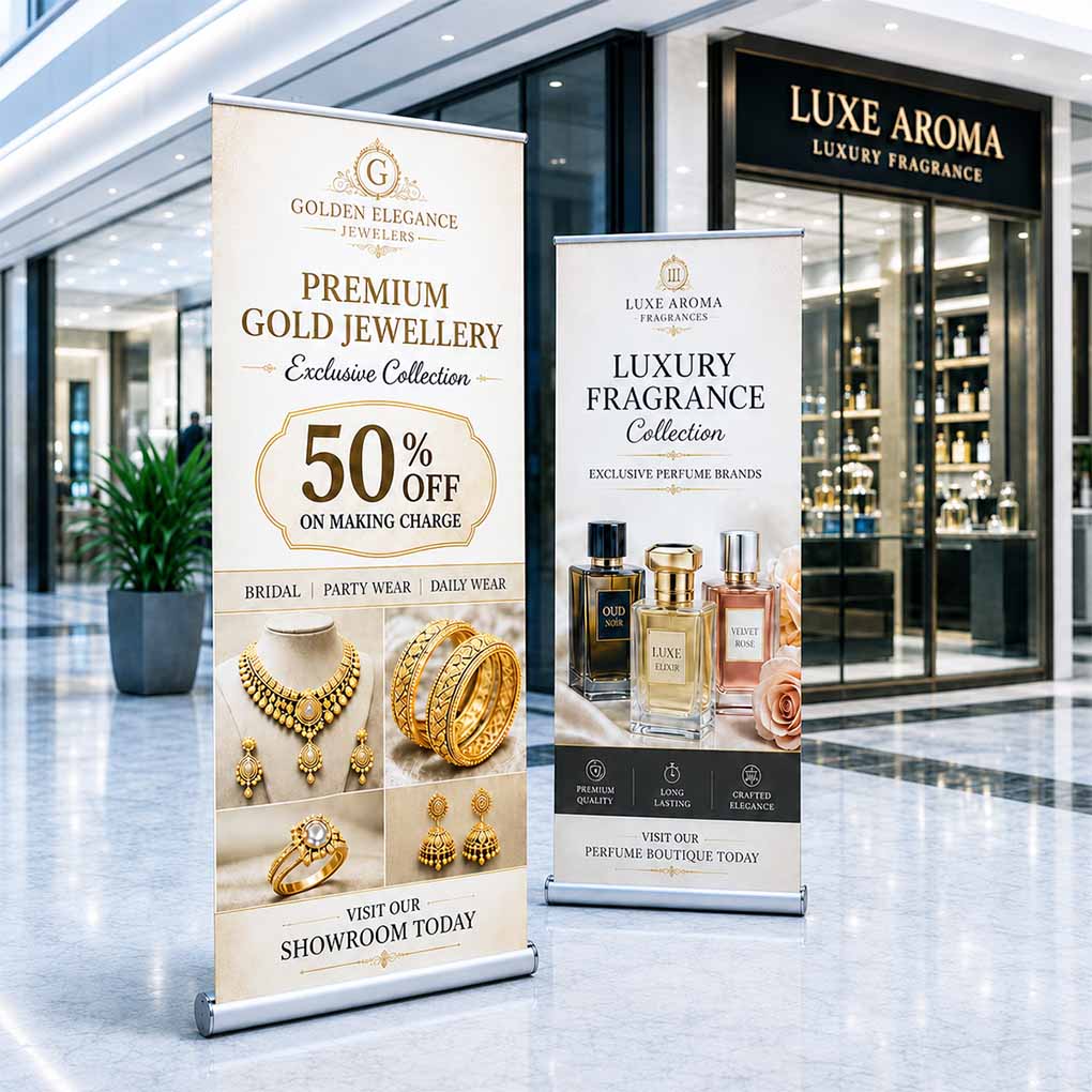 Custom roll up banner printing for retail shops, jewellery and fragrance promotions in Dubai UAE