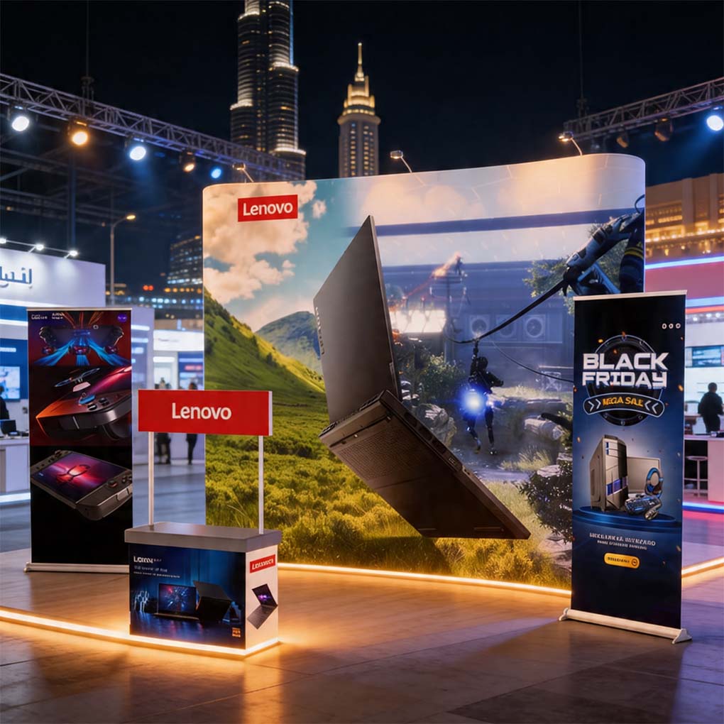 Custom exhibition display stand with backdrop, promotional counter and roll up banners for trade shows in Dubai UAE