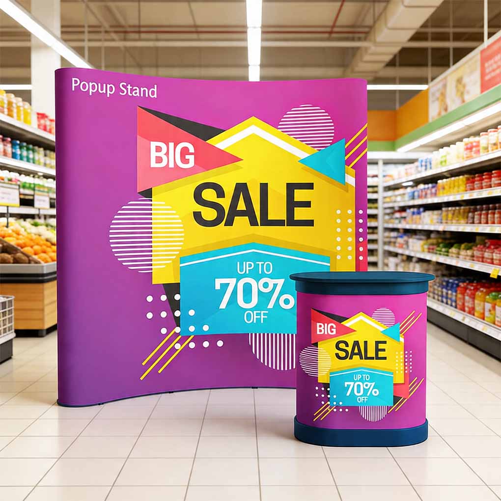 Custom pop up display stand and promotional counter printing for retail sales, exhibitions and events in Dubai