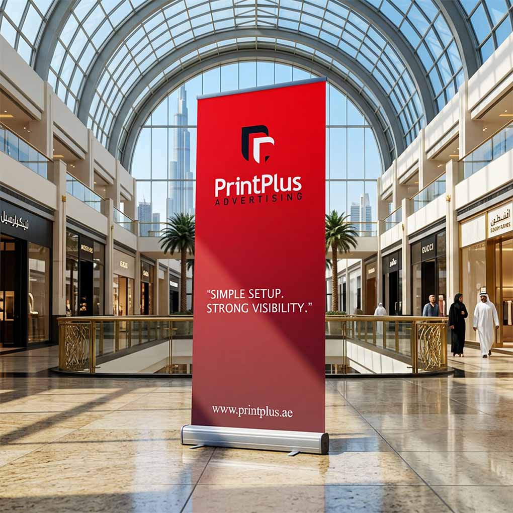 Custom retractable roll up banner stand printing for advertising, exhibitions and events in Dubai UAE