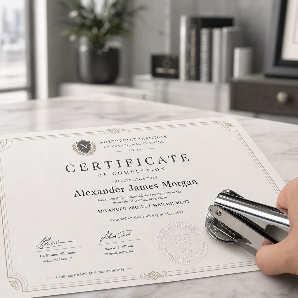 Custom certificate embossing seal for official documents, certificates and corporate stationery in Dubai