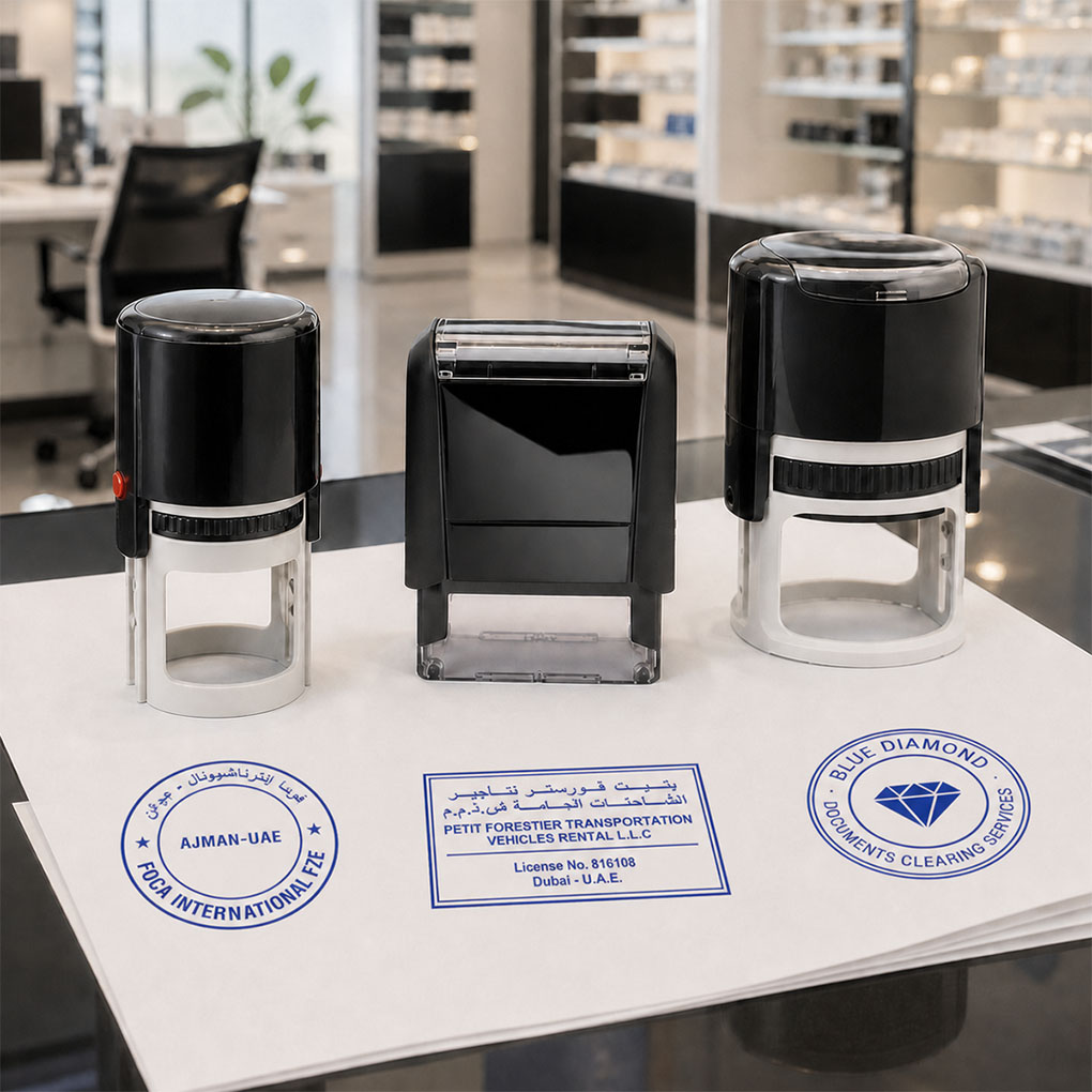 Custom company rubber stamp making with round and rectangular self-inking stamps in Dubai UAE