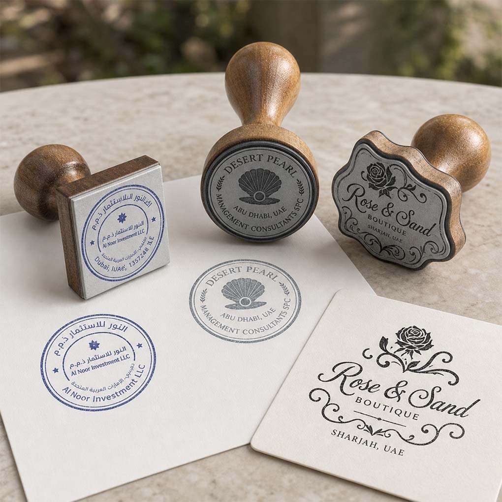 Custom logo rubber stamps with round, square and decorative stamp designs for businesses in Dubai UAE