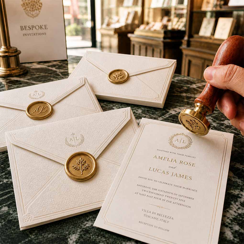 Custom wax seal stamp for premium wedding invitations, envelopes and personalized stationery in Dubai