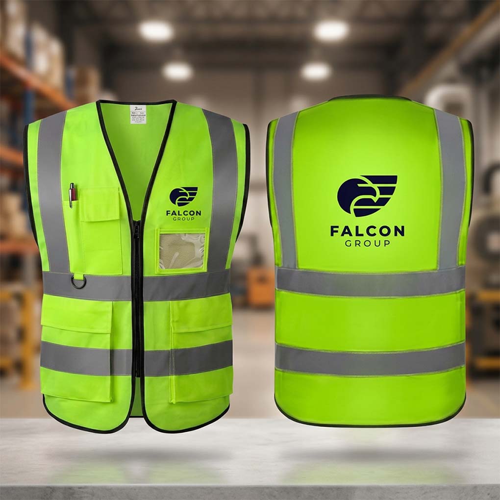 High visibility safety jacket printing with reflective strips and custom company logo in Dubai