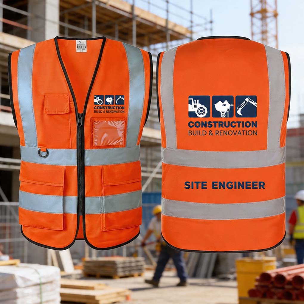Orange construction safety vest printing with reflective strips, company logo and site engineer branding in Dubai