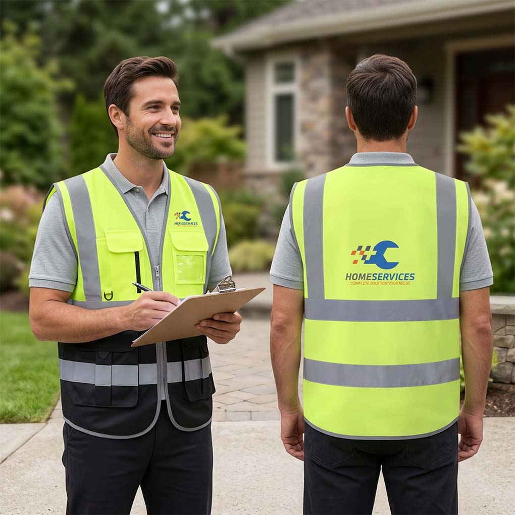 Custom high visibility work vest printing with company logo for maintenance and service teams in Dubai