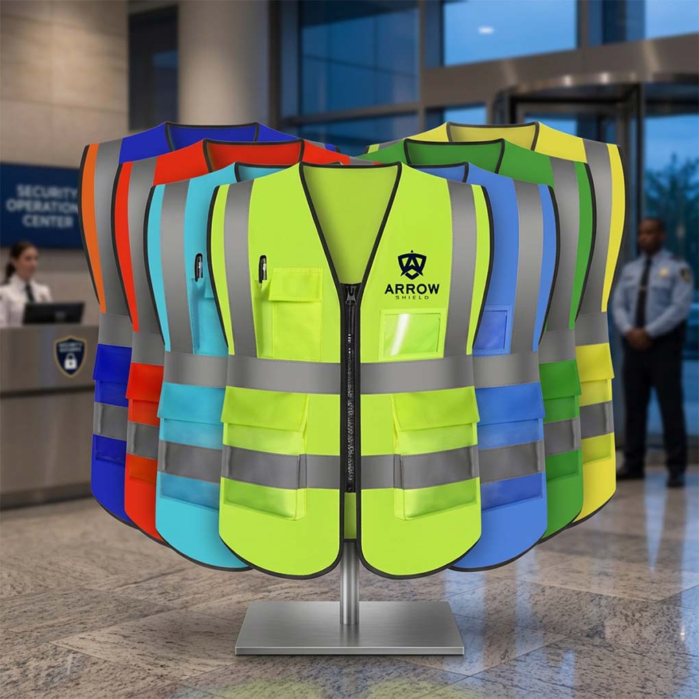 Custom reflective safety jackets in multiple colors with company logo printing for staff uniforms in Dubai