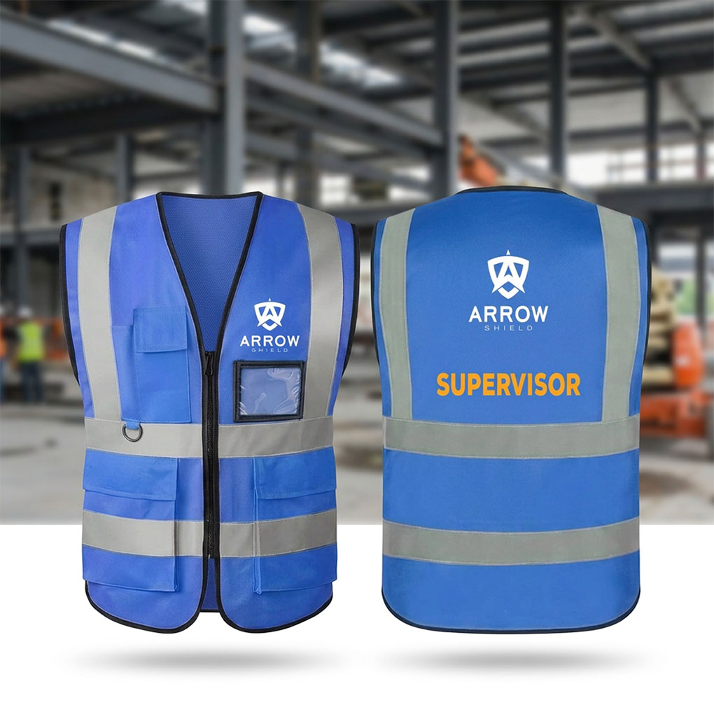 Custom blue supervisor reflective safety vest with front and back company logo printing in Dubai