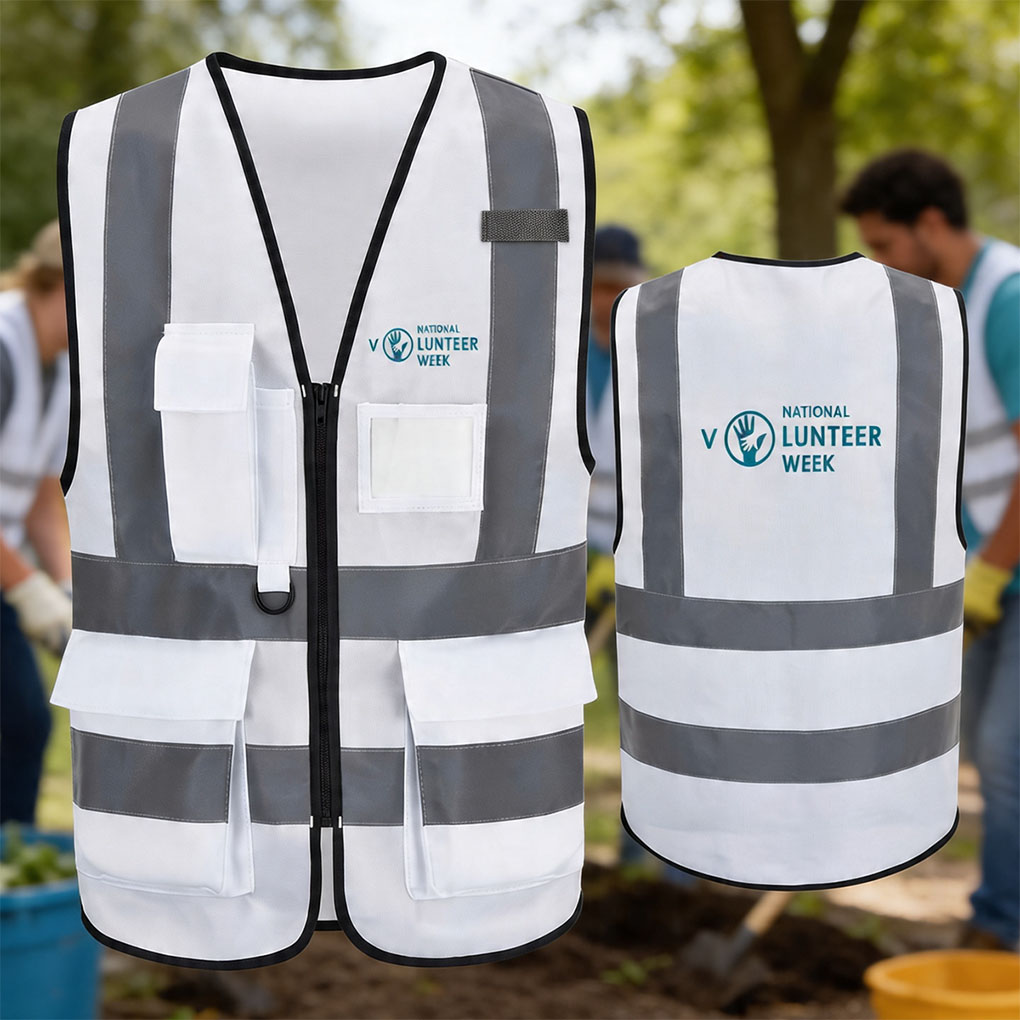 Custom volunteer reflective safety vest printing with logo and multiple utility pockets in Dubai