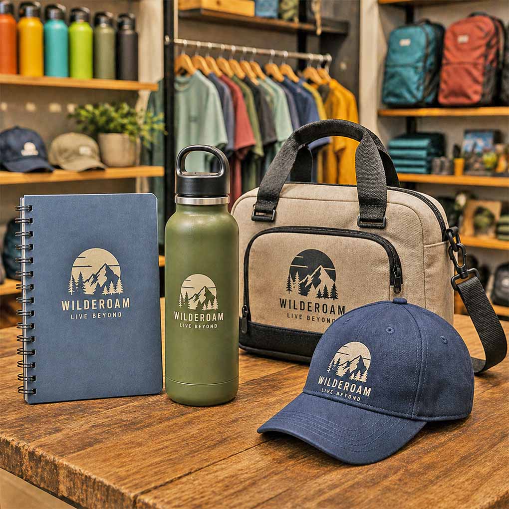 Custom screen printing on promotional bags, caps, notebooks and bottles in Dubai