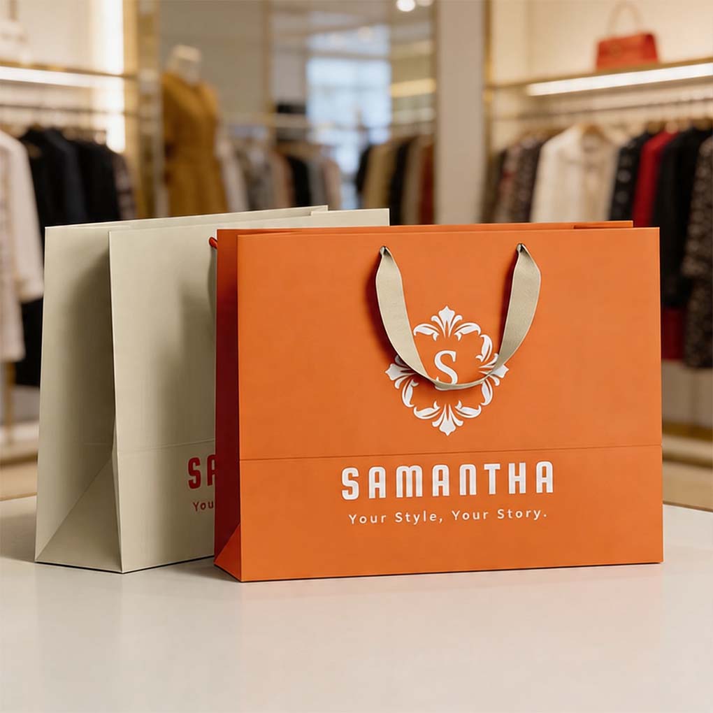Branded premium paper shopping bags with custom logo printing and ribbon handles for retail stores in Dubai UAE