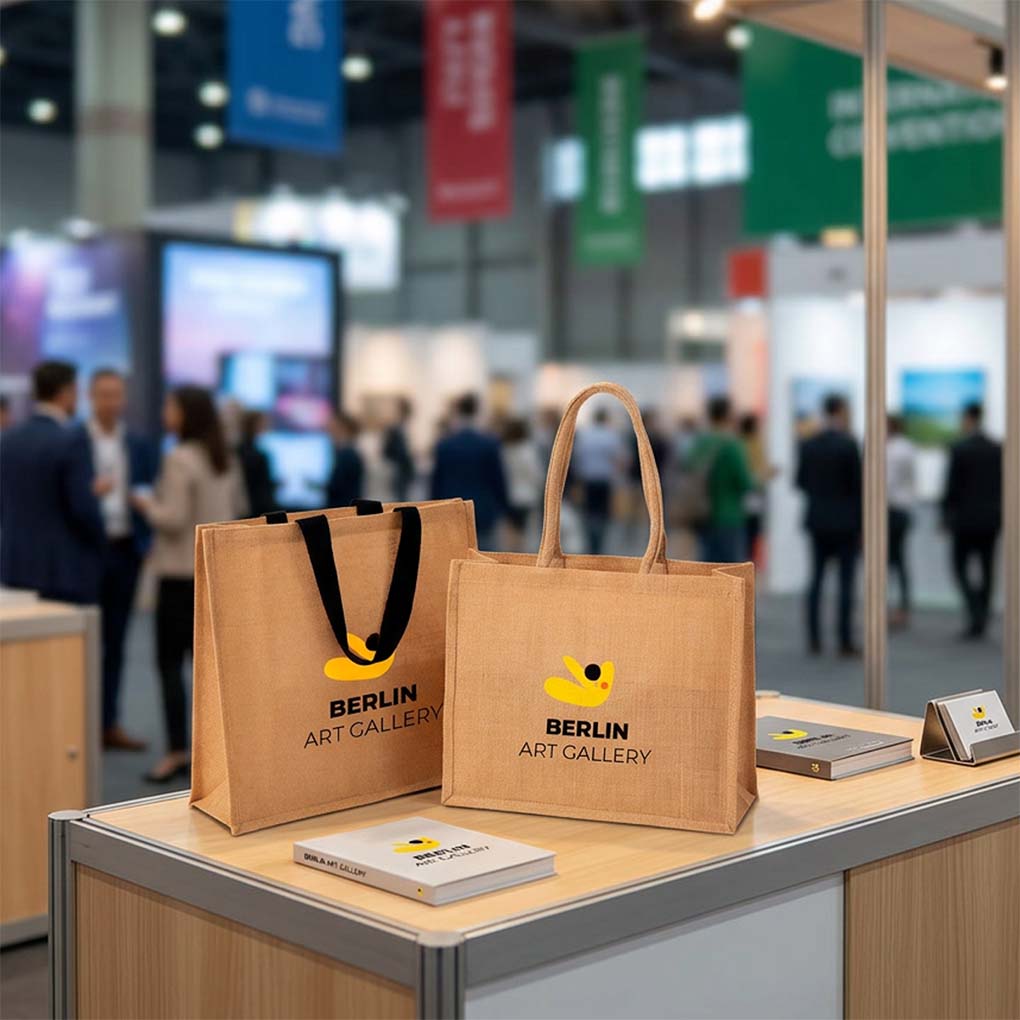 Custom jute shopping bags with printed business logo for exhibitions events and eco friendly promotions in Dubai UAE