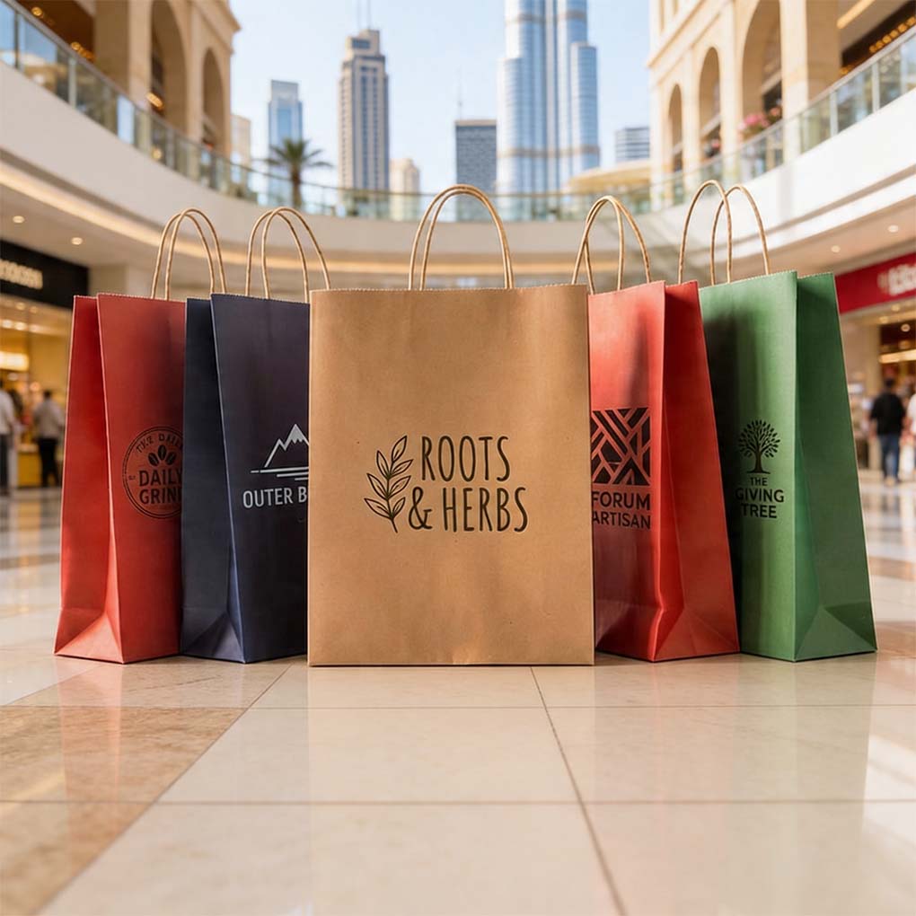 Custom kraft paper shopping bags with printed logos and twisted handles for retail packaging and businesses in Dubai UAE