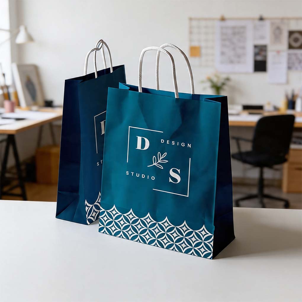 Custom logo printed shopping bags with rope handles for businesses retail stores and corporate branding in Dubai UAE