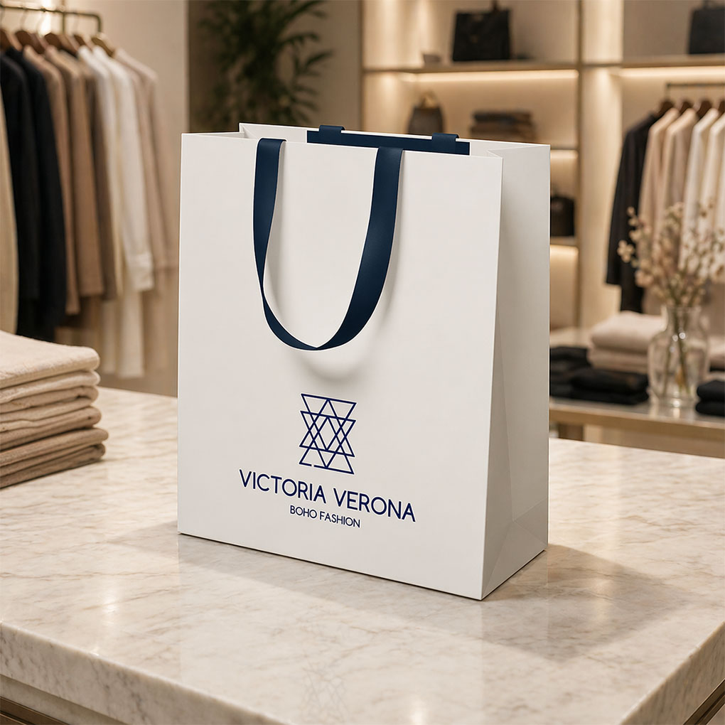 Custom white paper shopping bag with printed logo and ribbon handles for fashion and retail businesses in Dubai UAE