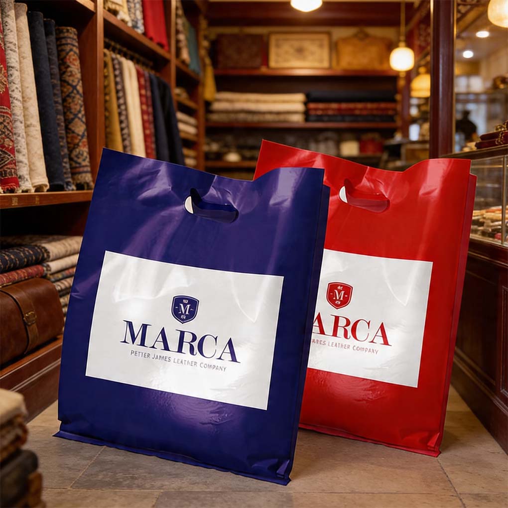 Custom printed plastic shopping bags with business logo for retail stores boutiques and product packaging in Dubai UAE