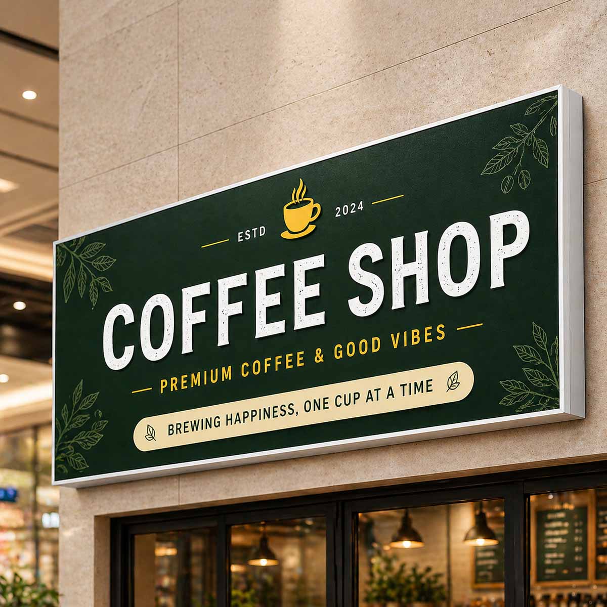 Custom flex shop signage for cafe storefront branding and business advertising in Dubai