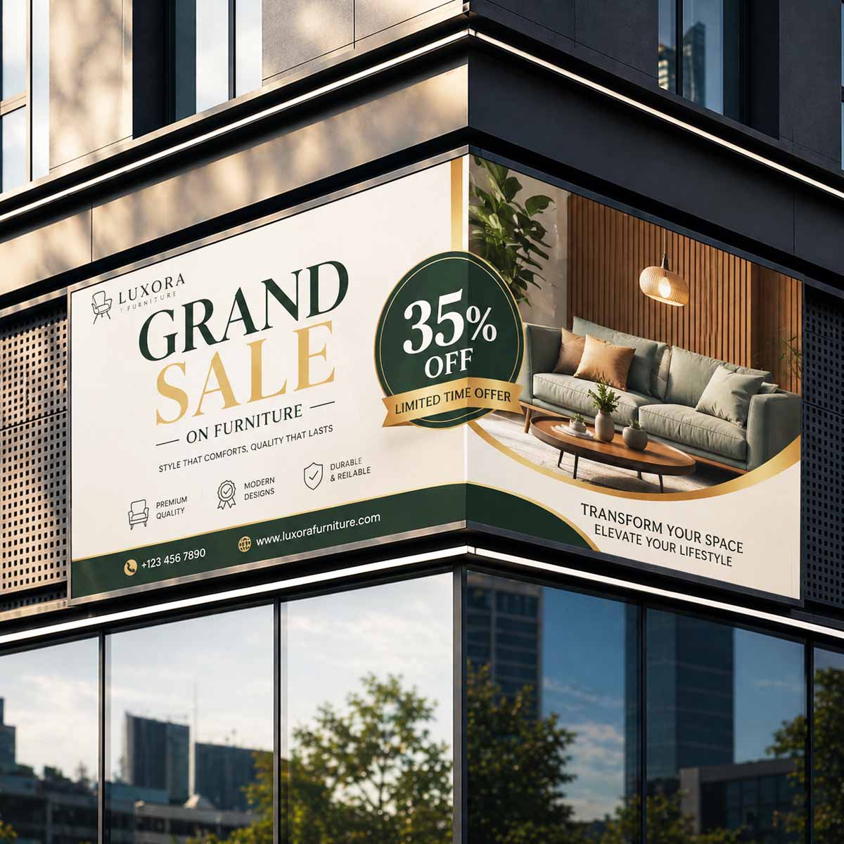Large format flex banner printing for building facade advertising and retail promotions in Dubai