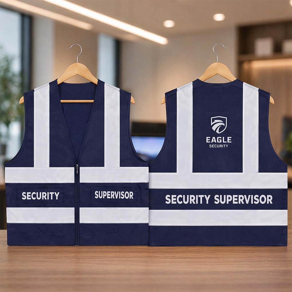 Custom security and supervisor vest printing with company logo and reflective strips in Dubai