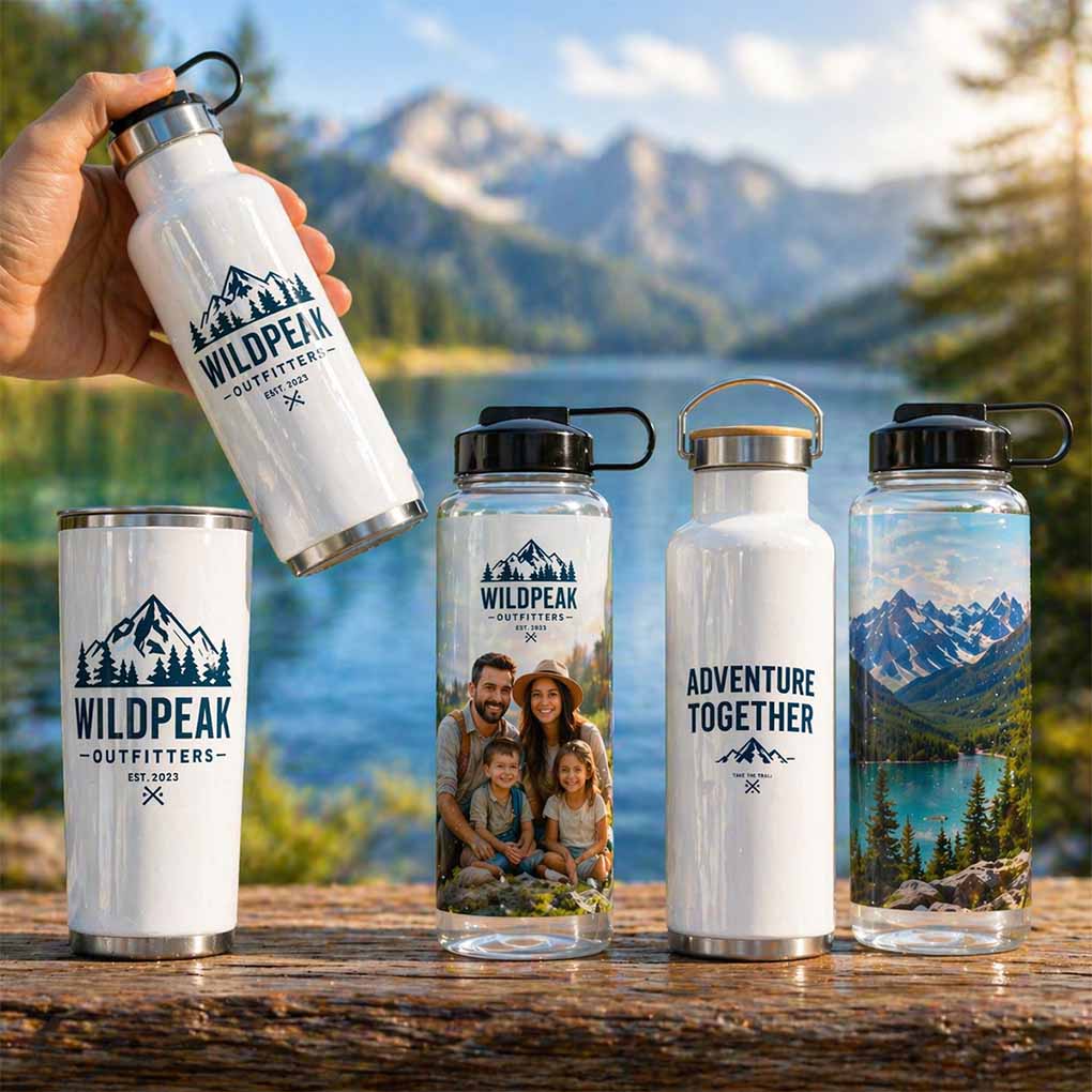 Custom water bottle sublimation printing with company logos, photos and promotional designs in Dubai