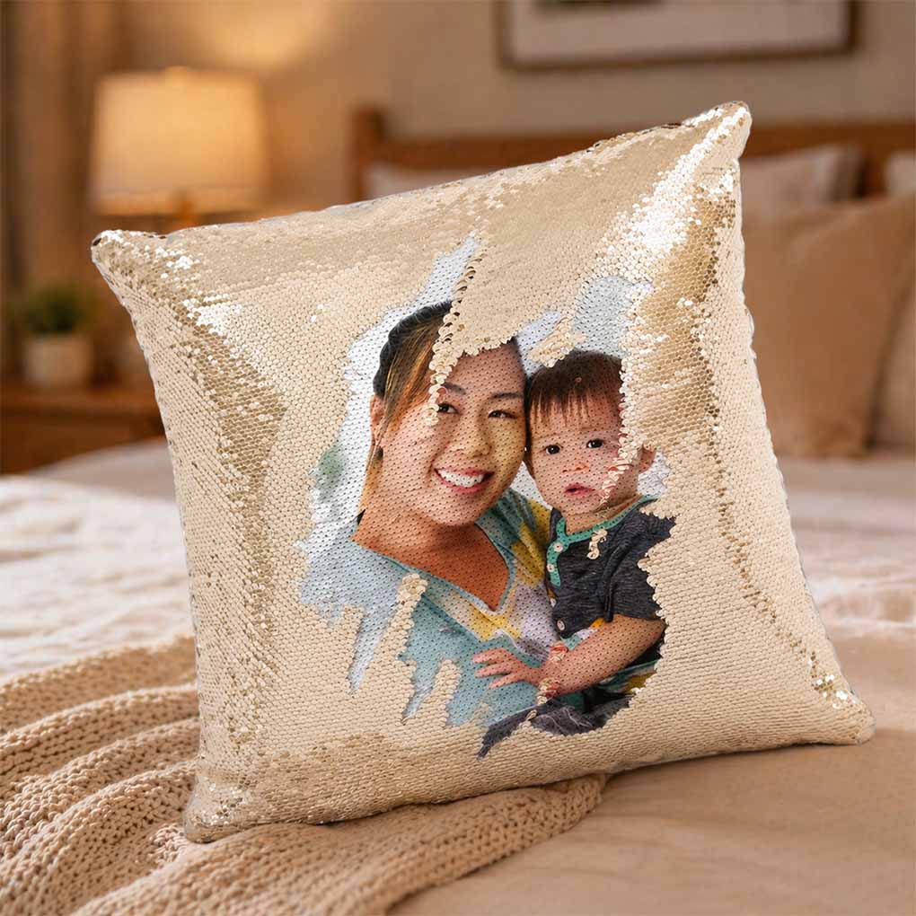 Personalized sequin cushion sublimation printing with custom family photo in Dubai