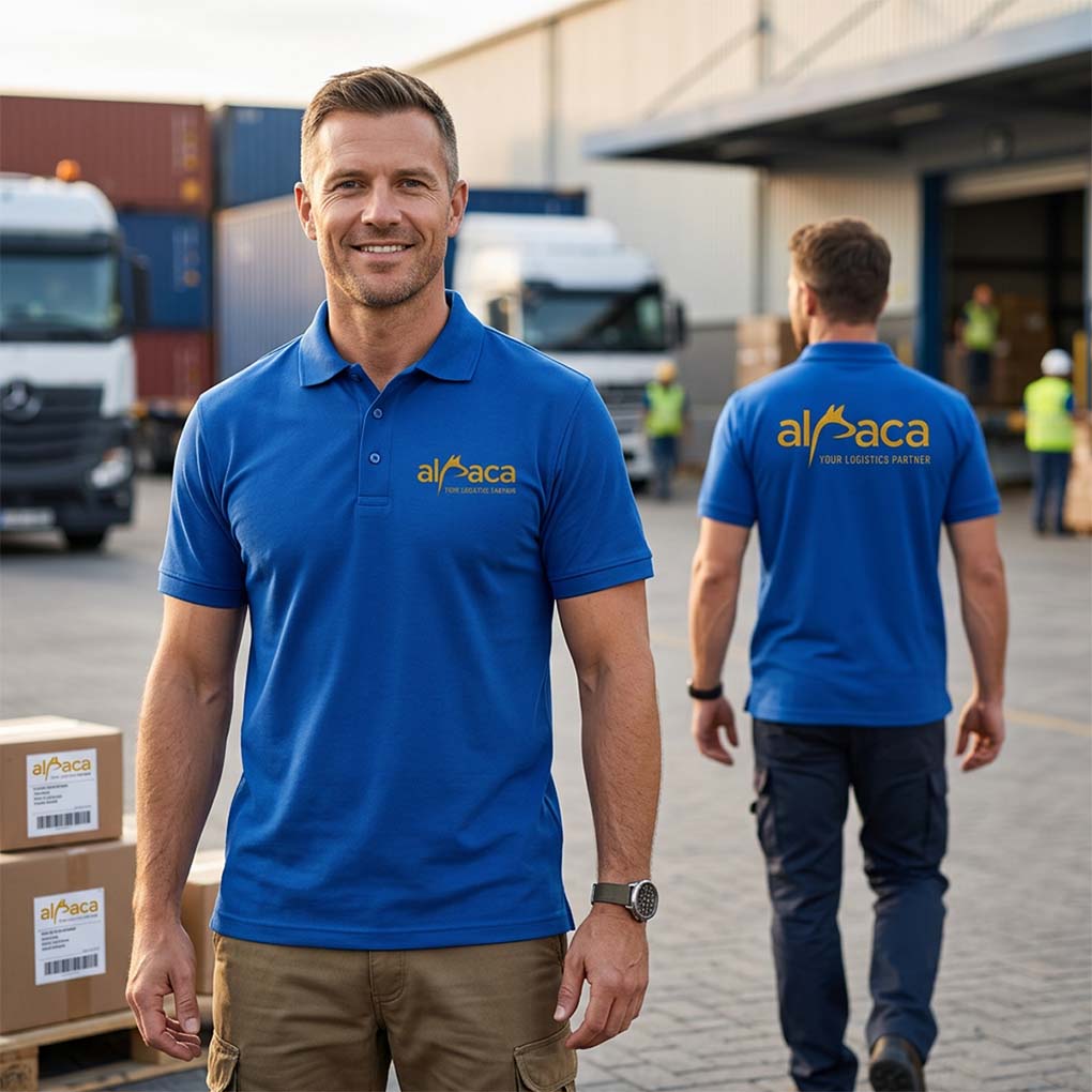 Custom company polo shirts with front and back logo printing for corporate staff uniforms in Dubai