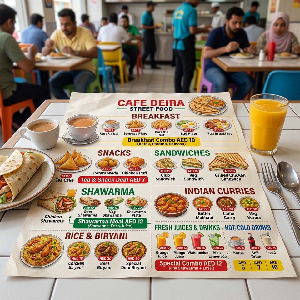 Custom cafeteria food menu table mat printing with breakfast, shawarma, sandwiches and drinks in Dubai