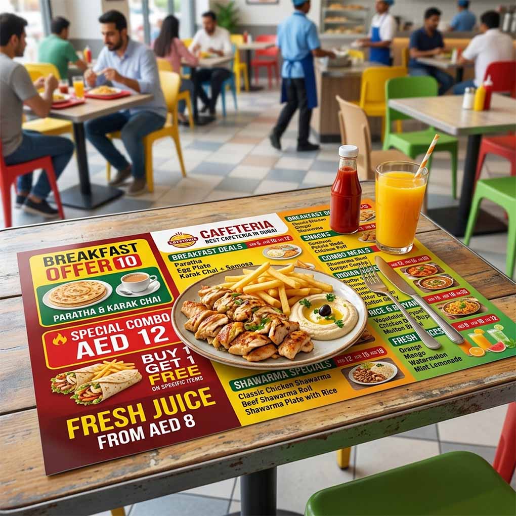 Custom cafeteria menu placemat printing with food offers, combo meals and fresh juice promotions in Dubai
