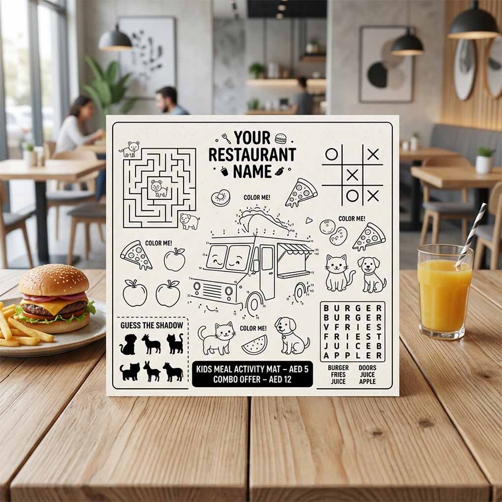 Custom kids activity table mat printing with coloring games and children's meal promotions for restaurants in Dubai