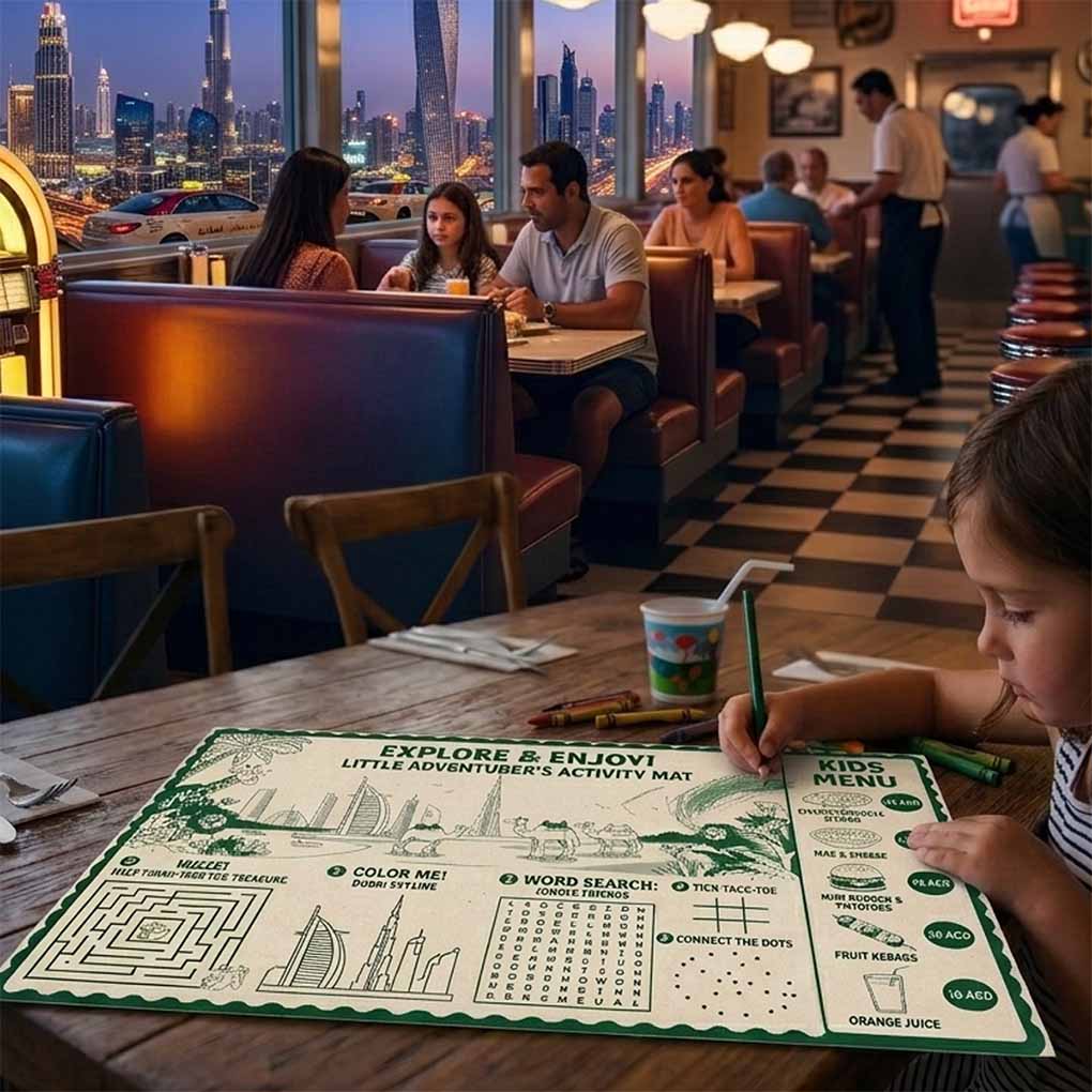 Printed kids restaurant activity placemat with coloring, maze and games for family dining in Dubai