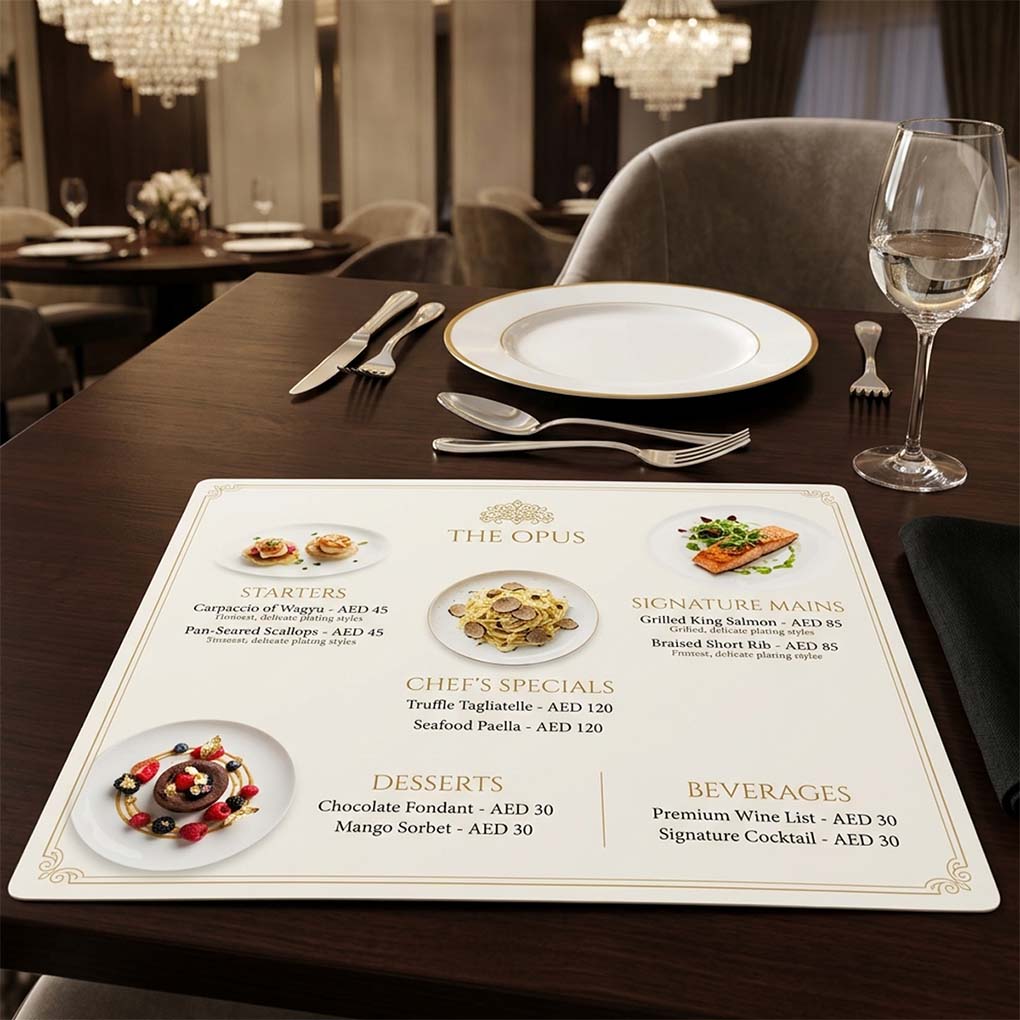 Luxury restaurant menu table mat printing with food photos, menu items and prices in Dubai