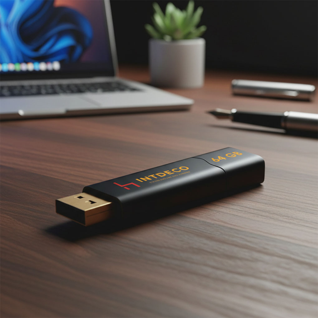 Custom 64GB USB flash drive with company logo printing for promotional and corporate gifts in Dubai
