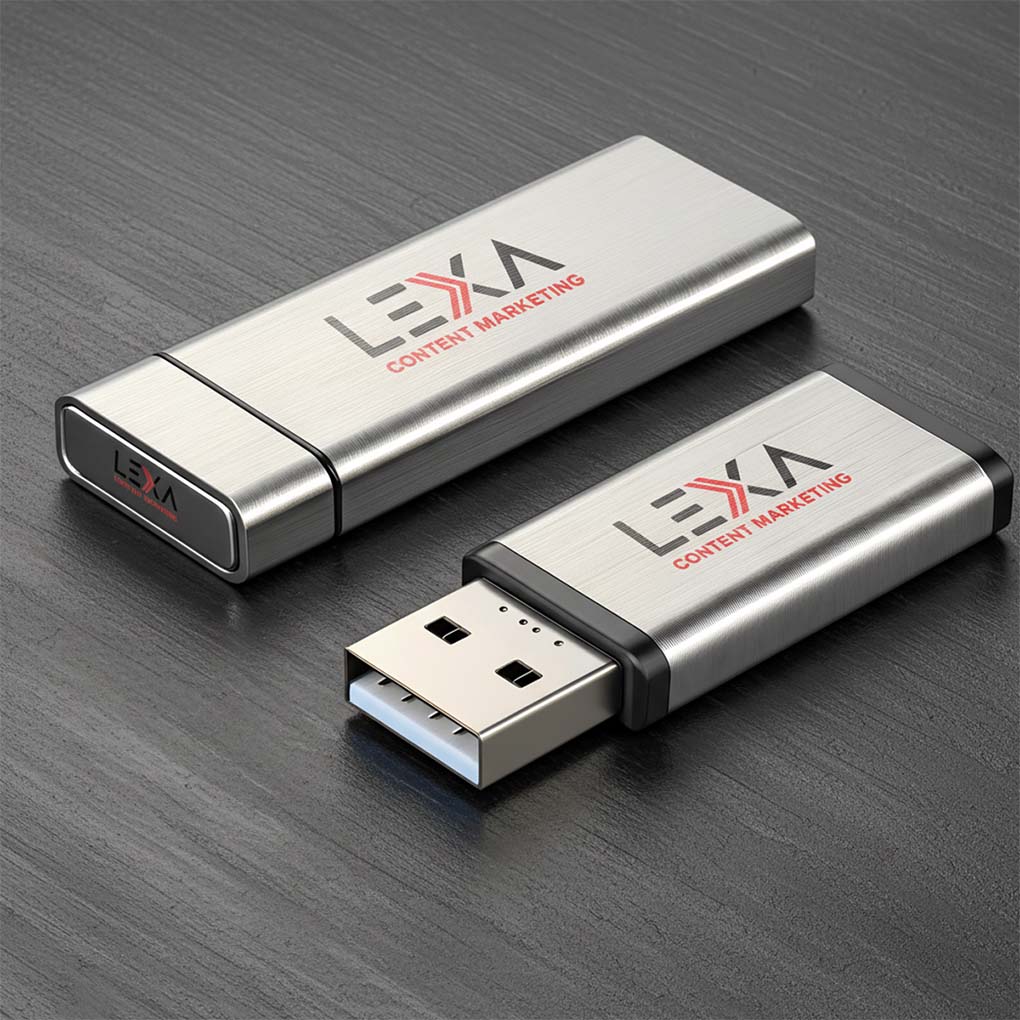 Branded metal USB flash drives with custom company logo printing for promotional gifts in Dubai