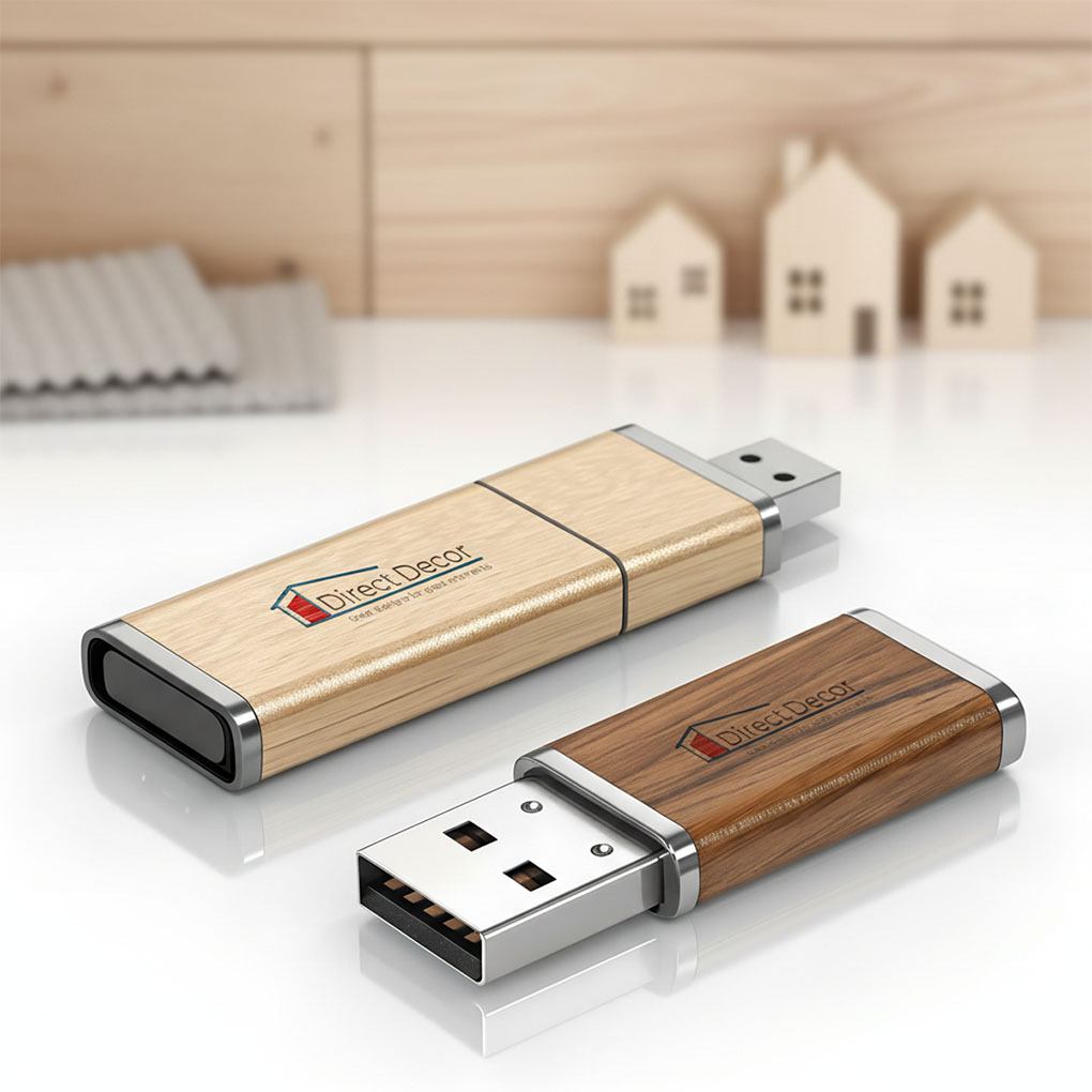 Custom wooden USB flash drives with company logo printing for corporate and promotional gifts in Dubai