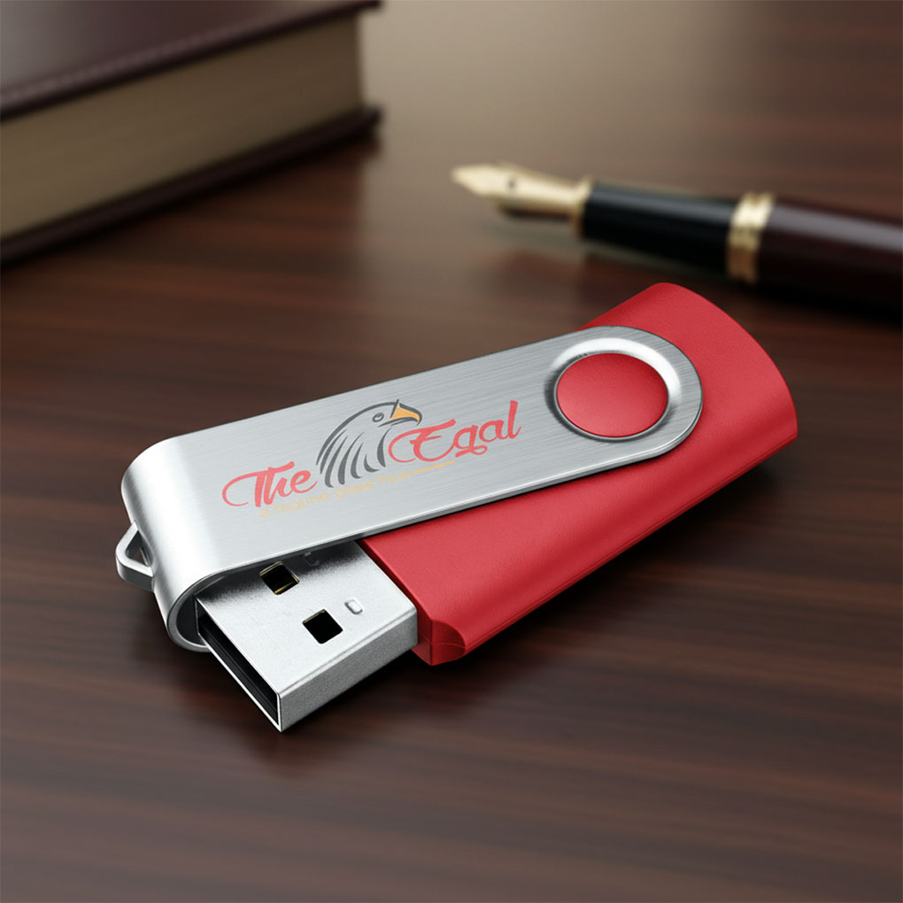 Custom swivel USB flash drive with printed company logo for branded corporate giveaways in Dubai