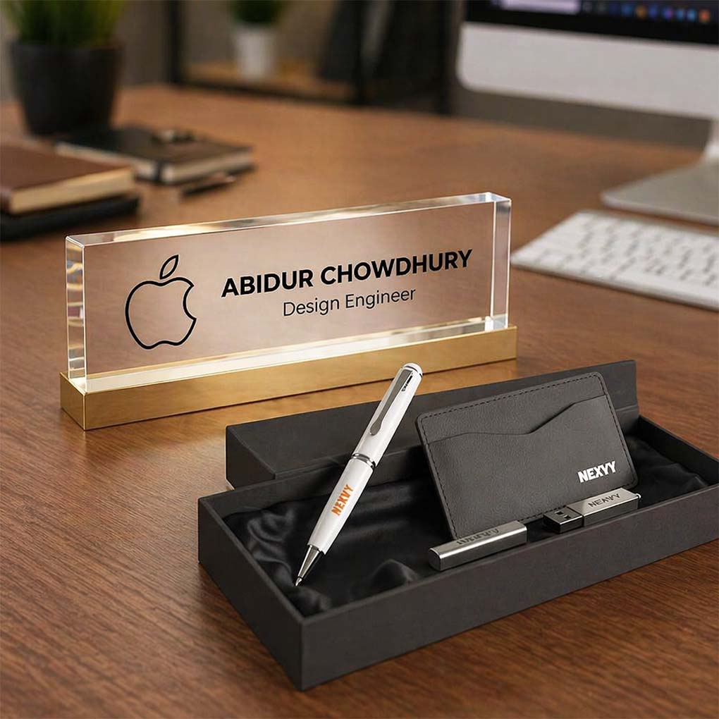 Personalized corporate gift set with UV printed pen, card holder and branded accessories in Dubai