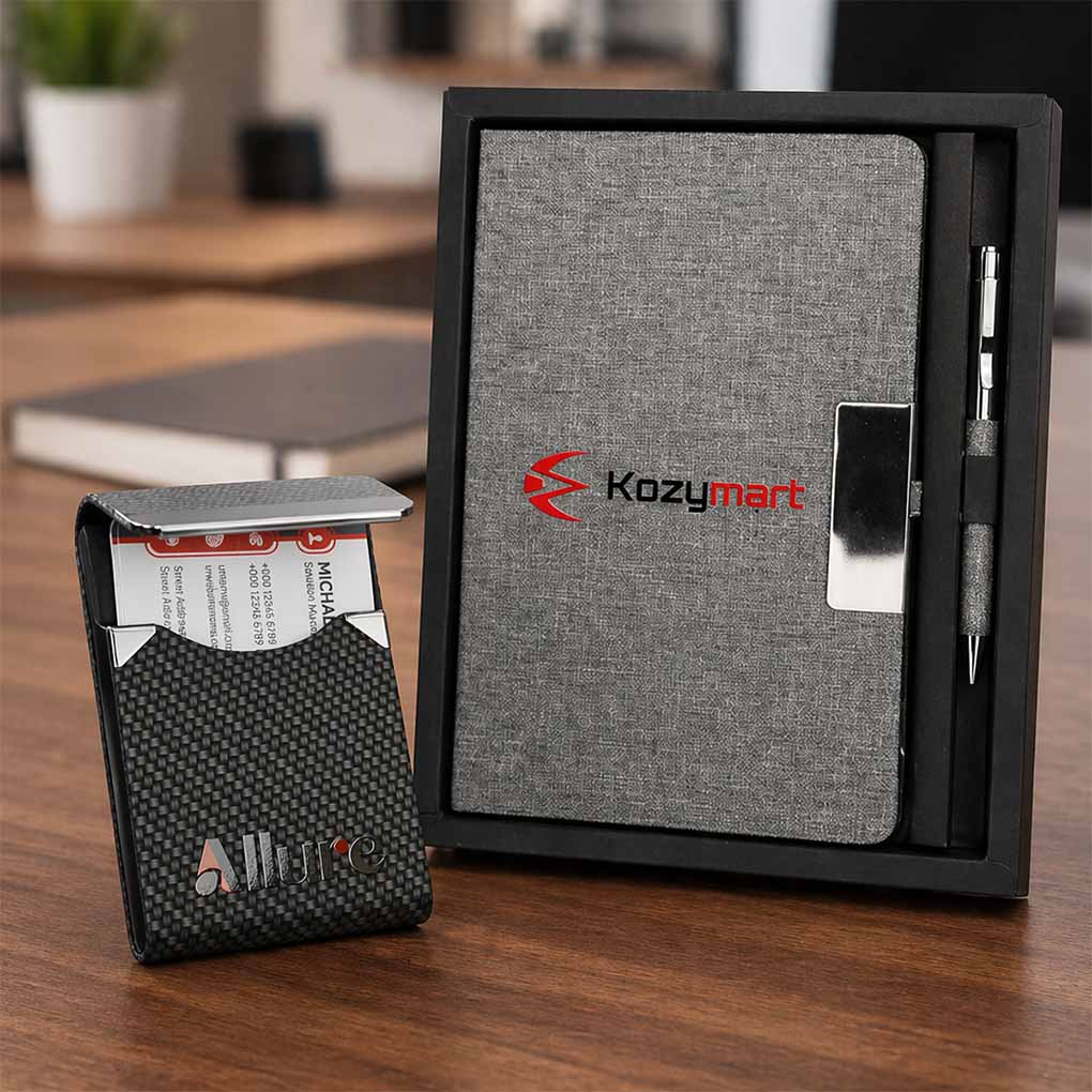 Custom UV printed notebook, pen and business card holder corporate gift set in Dubai