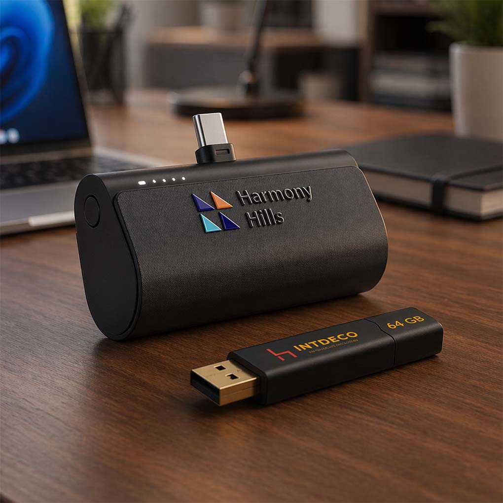 Branded power bank and USB flash drive with custom UV logo printing for corporate gifts in Dubai