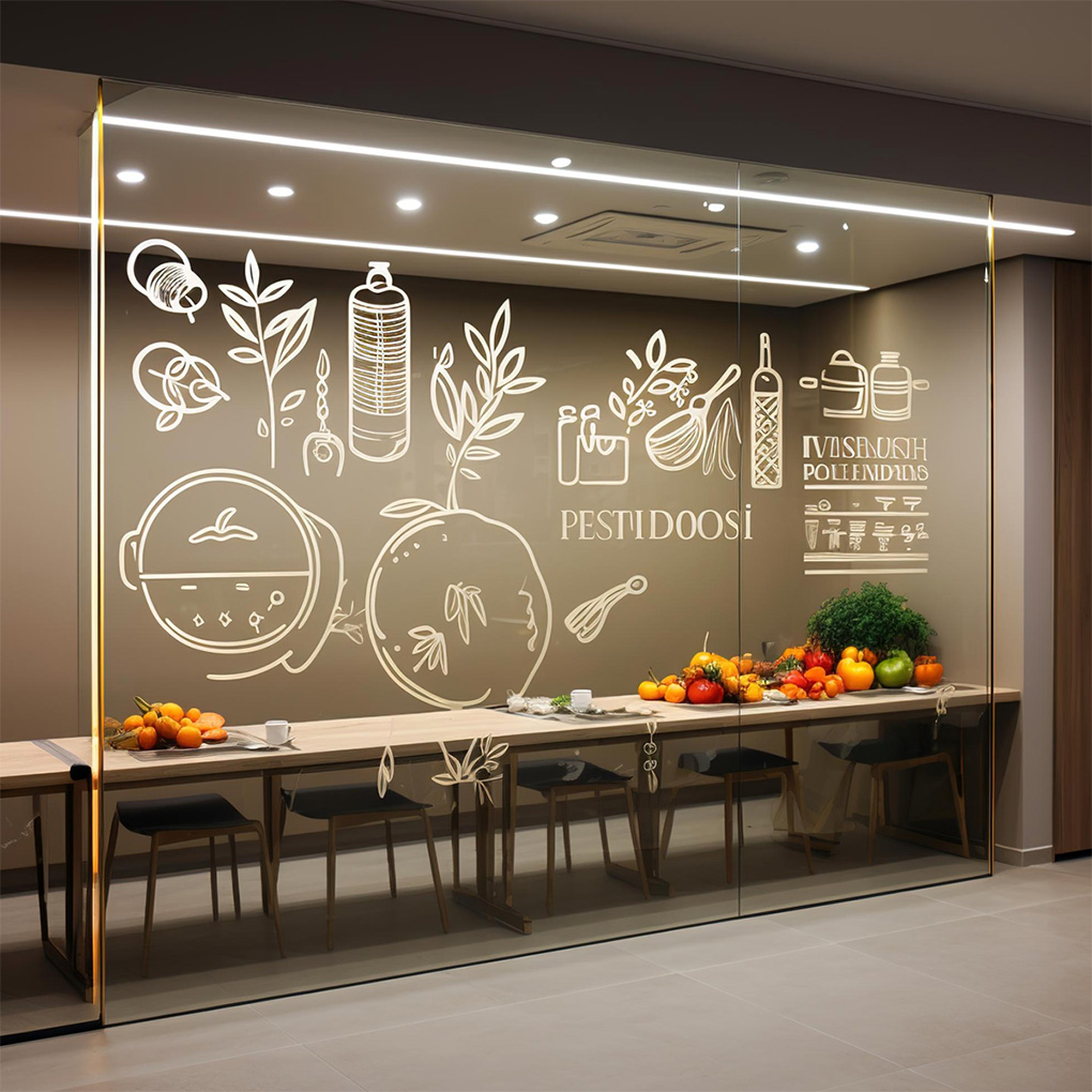 Custom vinyl cut signage and decorative glass graphics for restaurant interior branding in Dubai